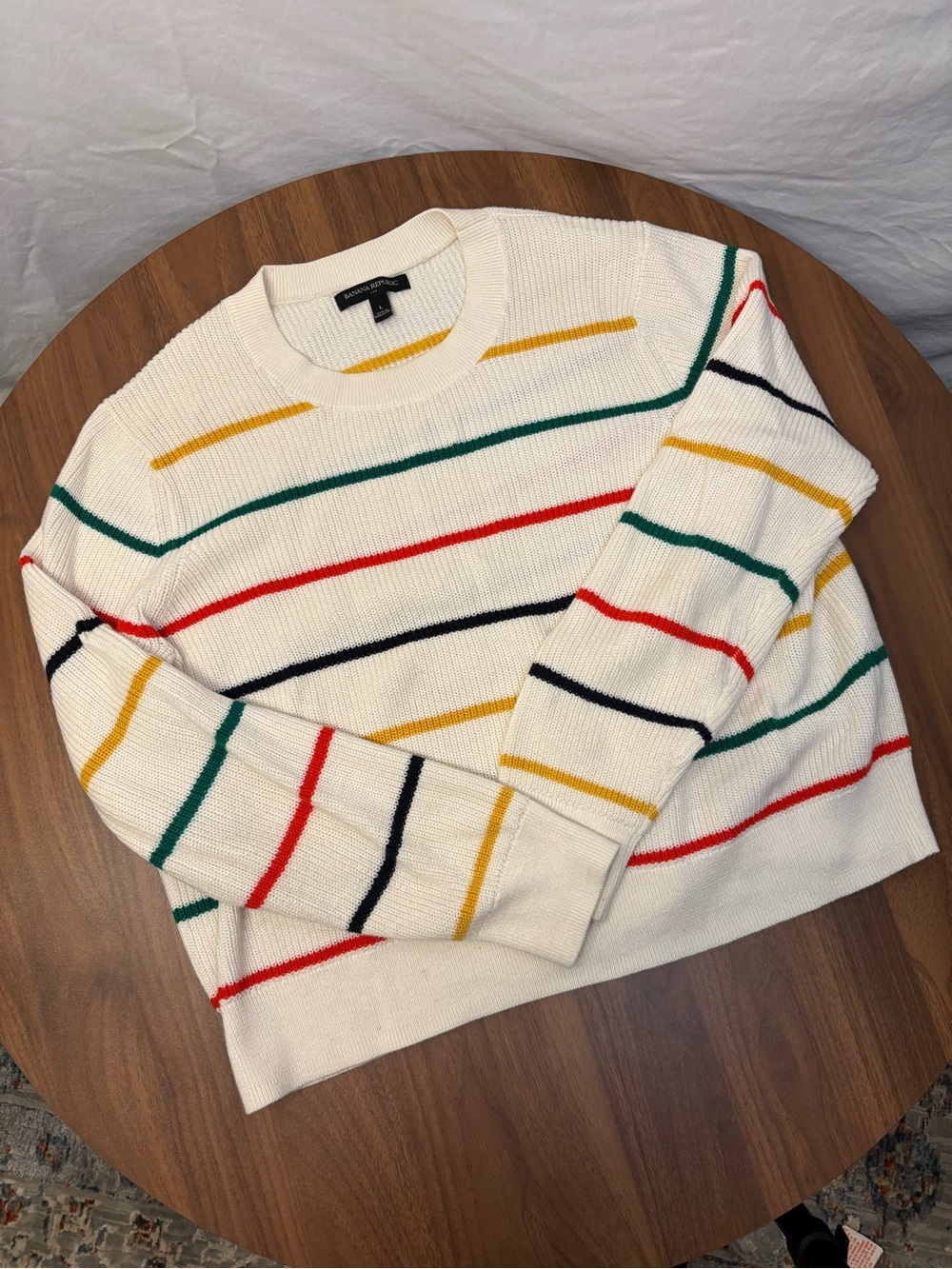 Banana Republic Cream Crewneck Sweater with Multicolor Stripes